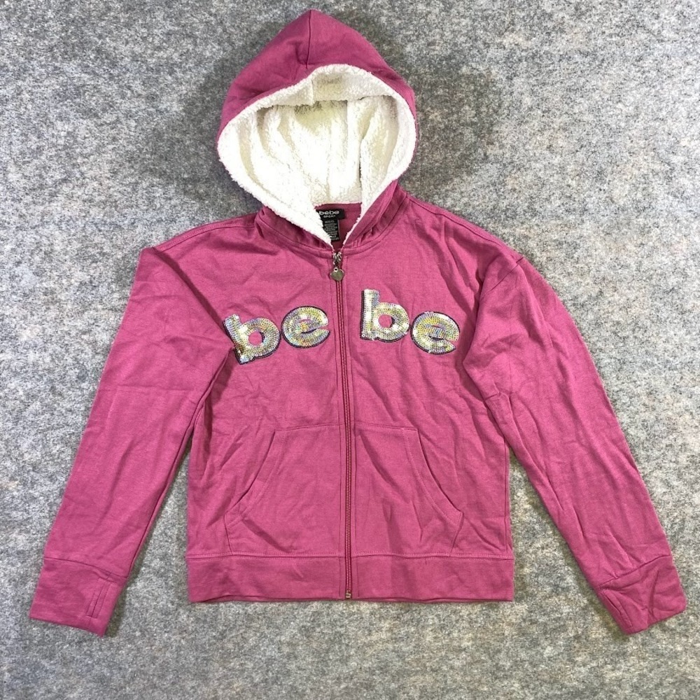 BEBE Sport Sherpa Lined‎ Hoodie Full Zip Sweater Girls Youth Pink Size M 8/10